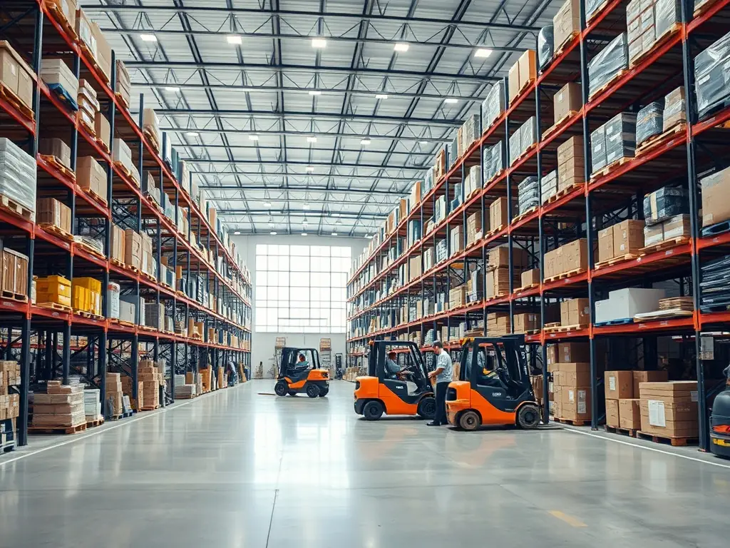 A clean and organized warehouse interior with shelves stacked high with various goods, forklifts moving pallets, and employees managing inventory with handheld scanners. The scene should depict efficiency and security.