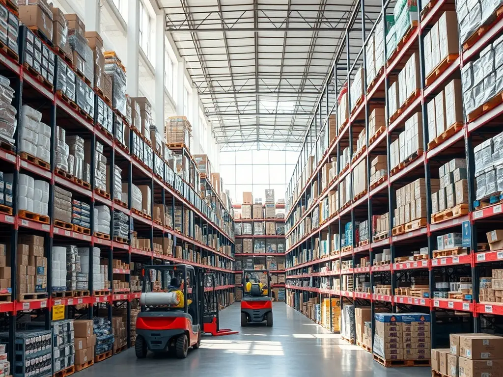 A clean and organized Rush Delivery Lines warehouse with goods neatly stacked on shelves, showcasing secure and efficient warehousing solutions.